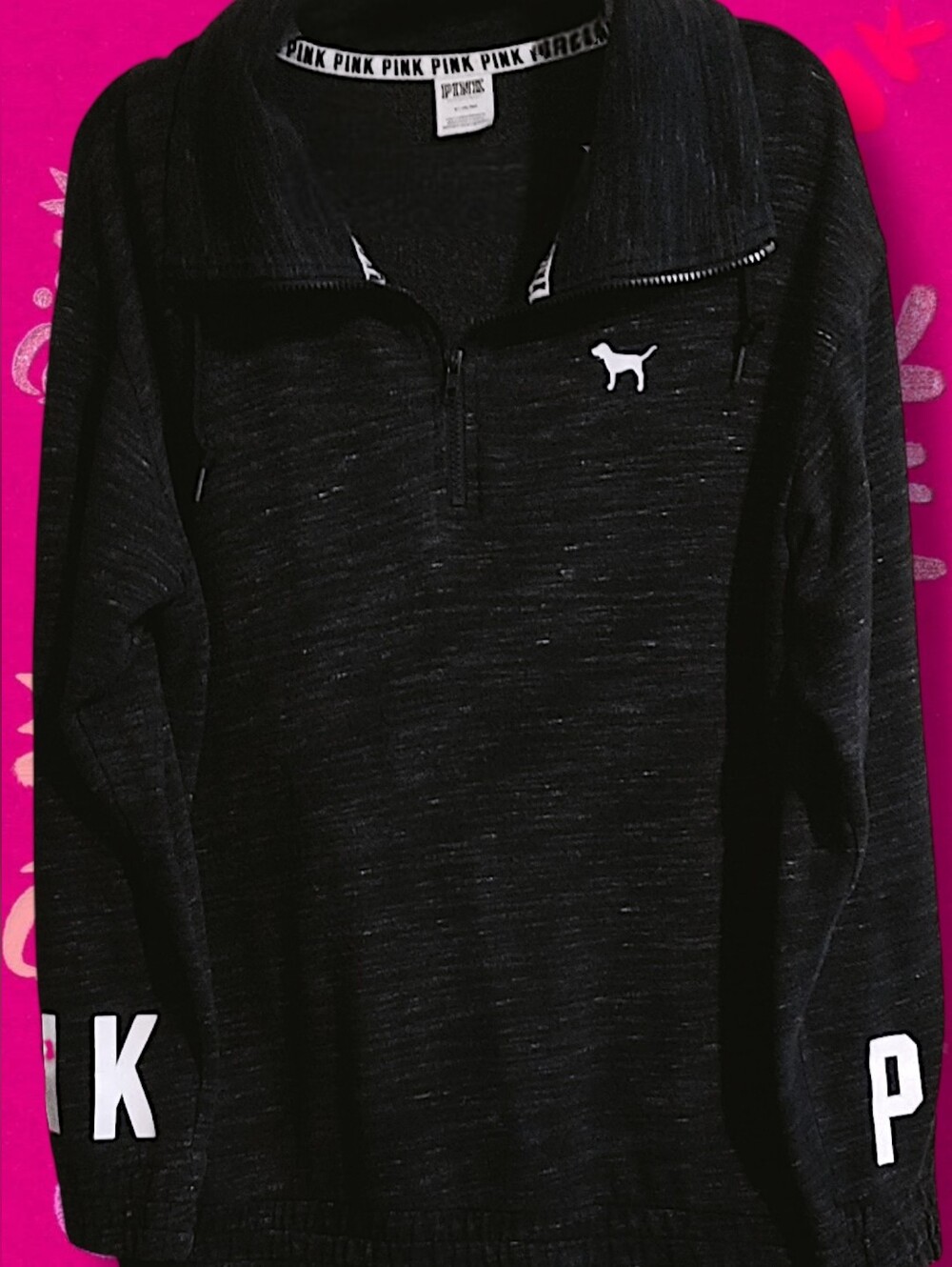 Victoria's Secret PINK Quarter Zip  Cowl Neck Heather Black Pullover Size Medium